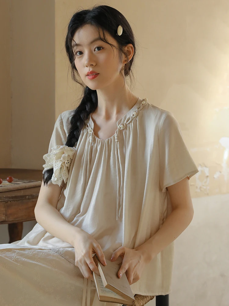 

Nesoulum Beige ort Sve irt Women Summer Artistic Retro Loose Overhead Top Button Design Comfortable Casual Faion