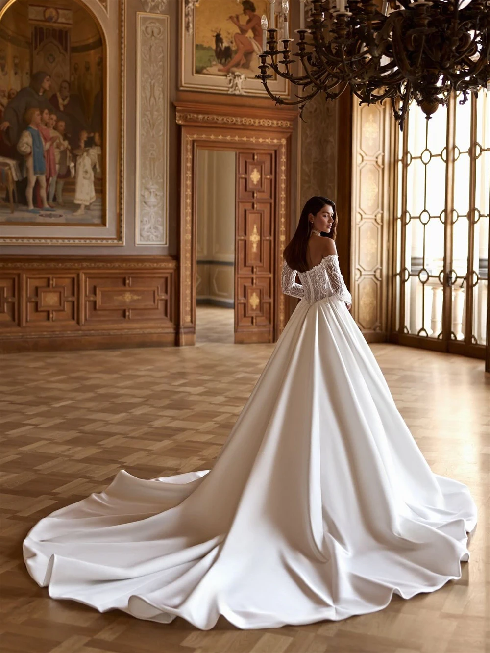 فستان زفاف أنيق من الساتان الأبيض مخصص رسمي على شكل قلب وأكمام طويلة رداء de mariée ناعم على شكل حرف a ذيل شابيل زي العرائس