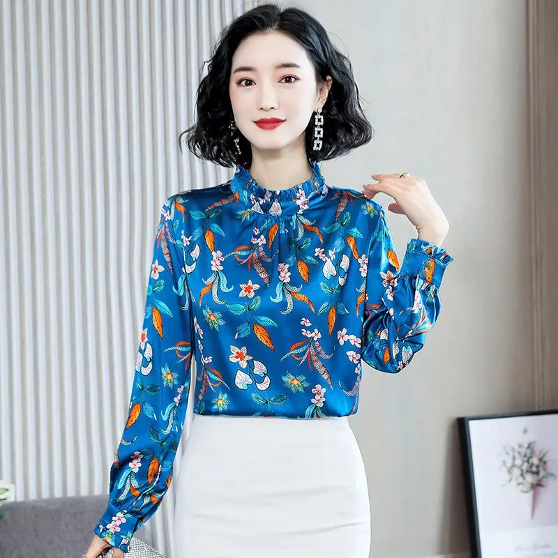 Elegant Printed Stand Collar Folds Floral Blouses Women's Clothing 2023 Autumn Winter Oversized Korean Tops Office Lady Shirts