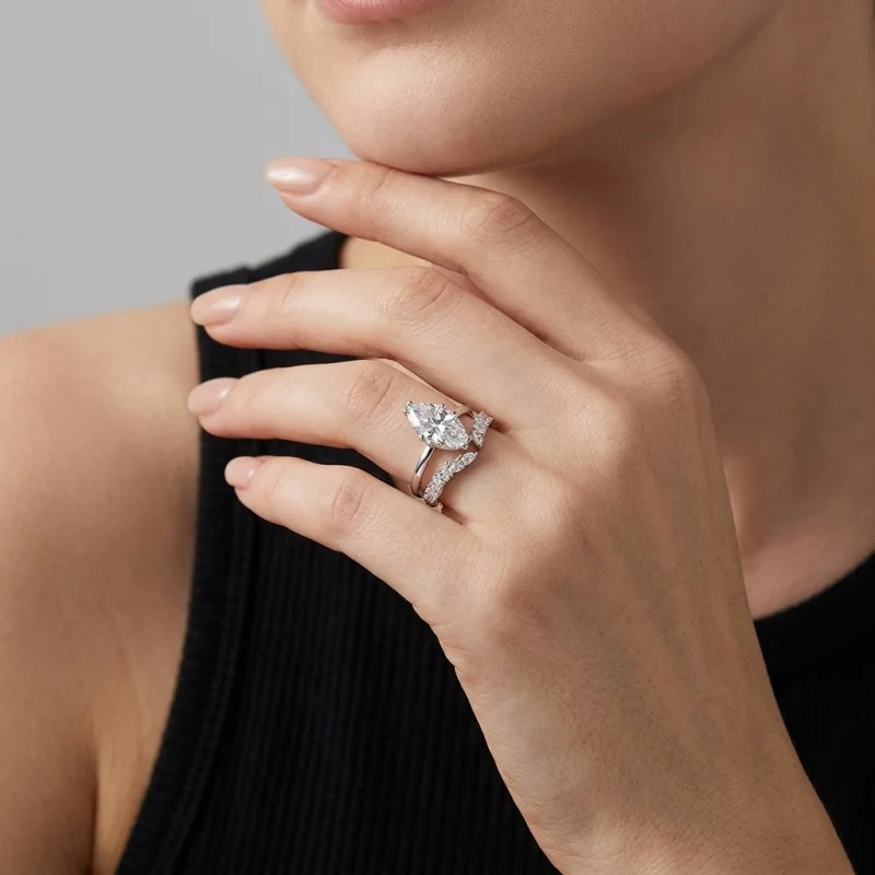 S925Silver-plated gold moissanite marquise layered ring, lab-grown diamond custom jewelry