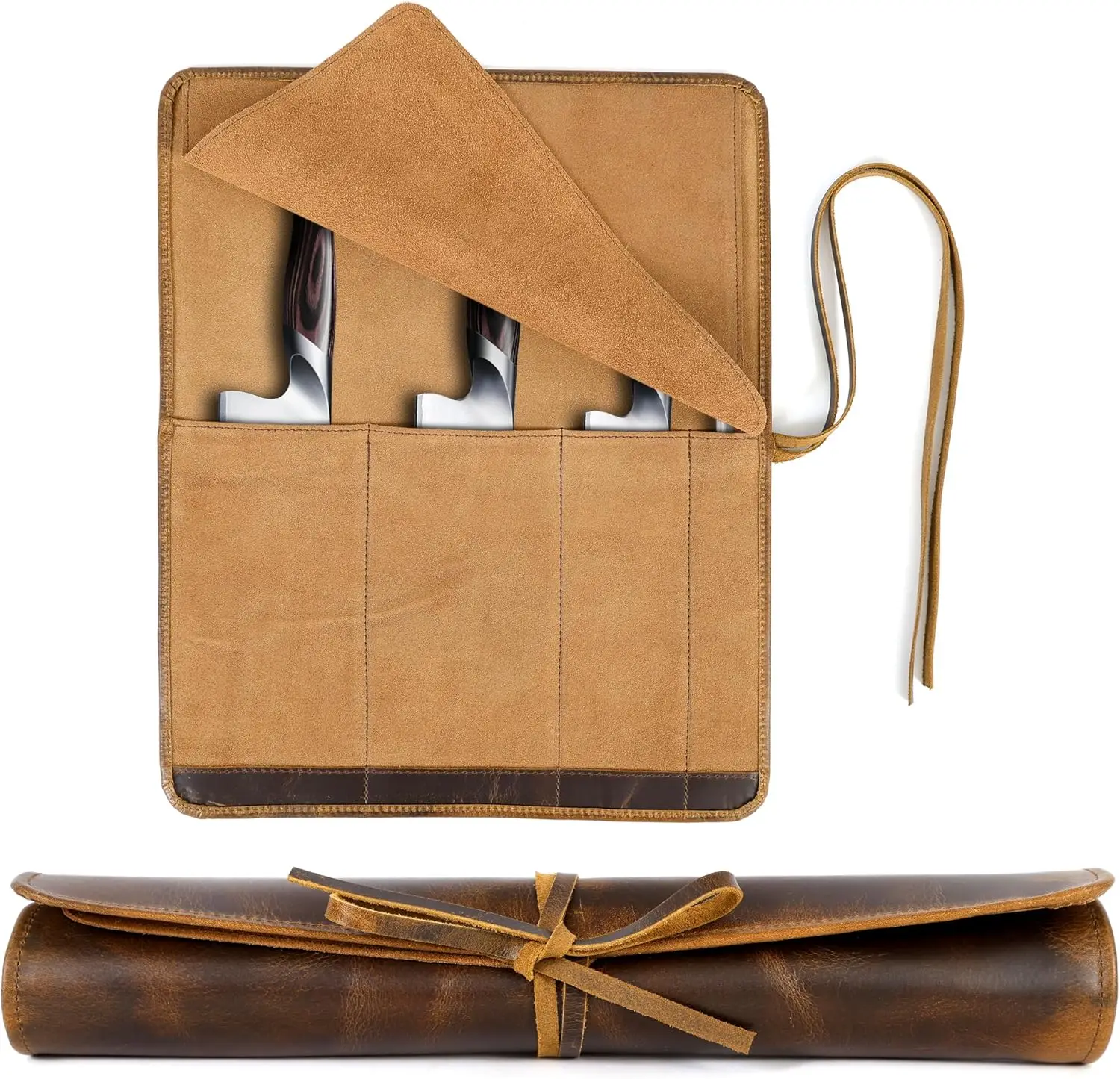 

Professional Chef Knife Roll Bag - 4 Slot Leather Knife Case, Durable & Portable Knife Wrap for Kitchen Tools