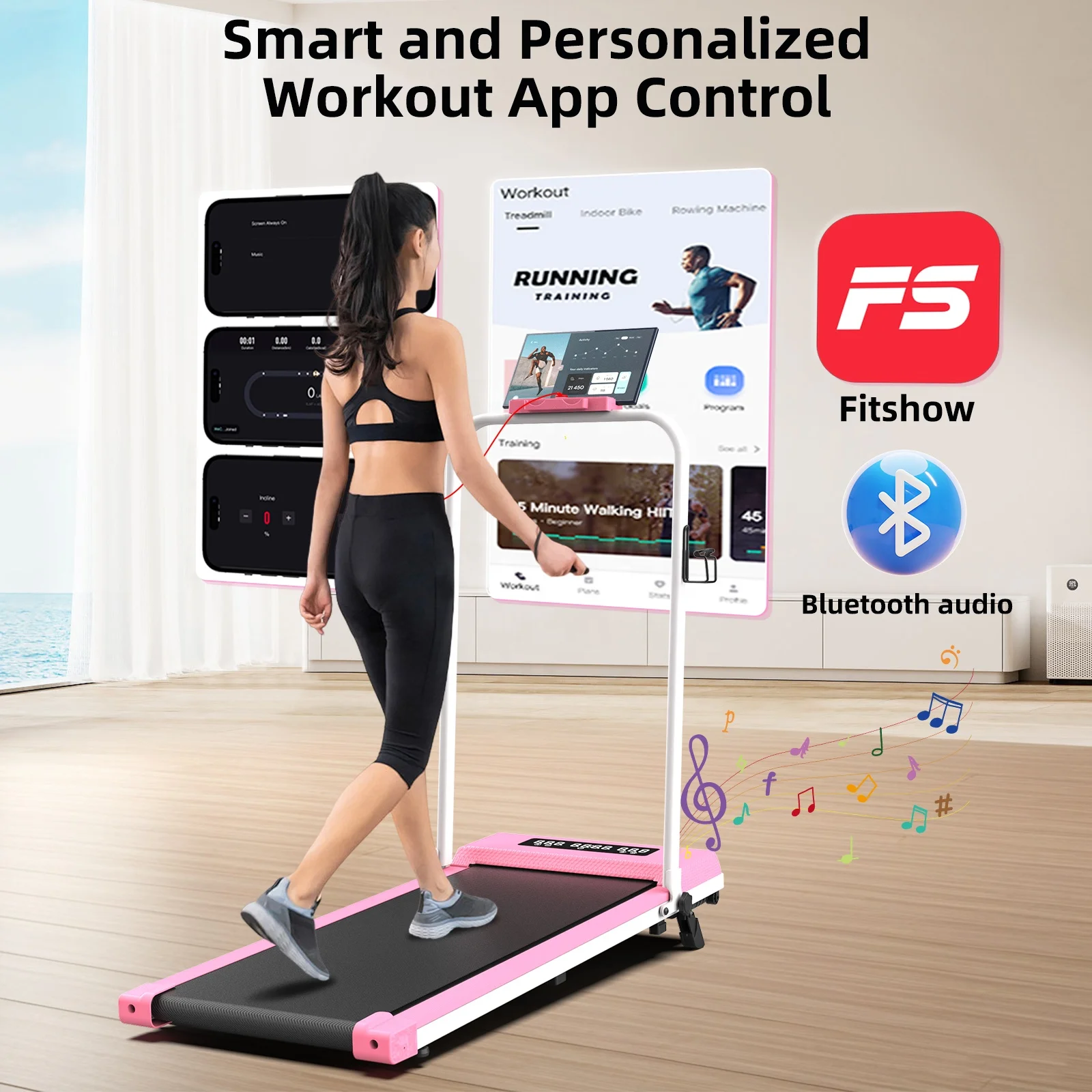 Cinta de correr plegable inclinada para uso doméstico, cinta de correr compacta Manual inclinada debajo del escritorio con aplicación Fit Show