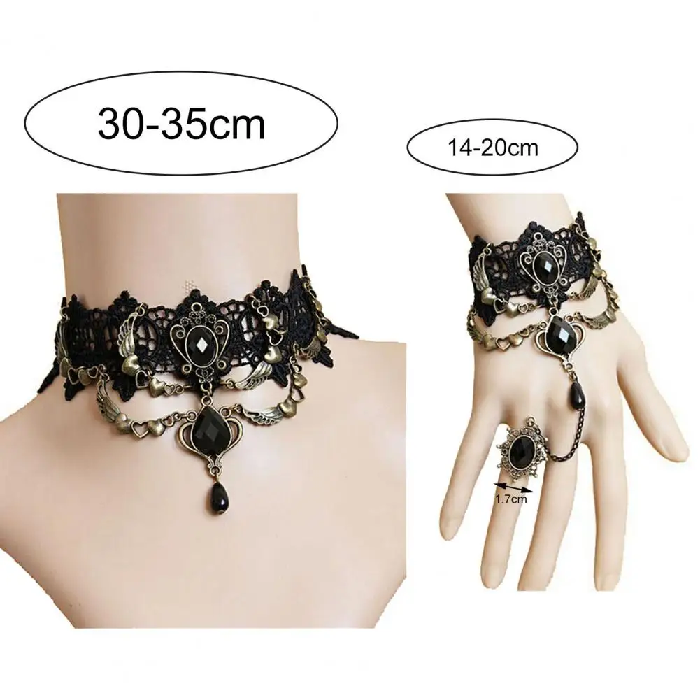 Faux Gem Black Lace Ring Bracelet Women Gothic Punk Style Necklace Bracelet Jewelry For Women Party Dress Up