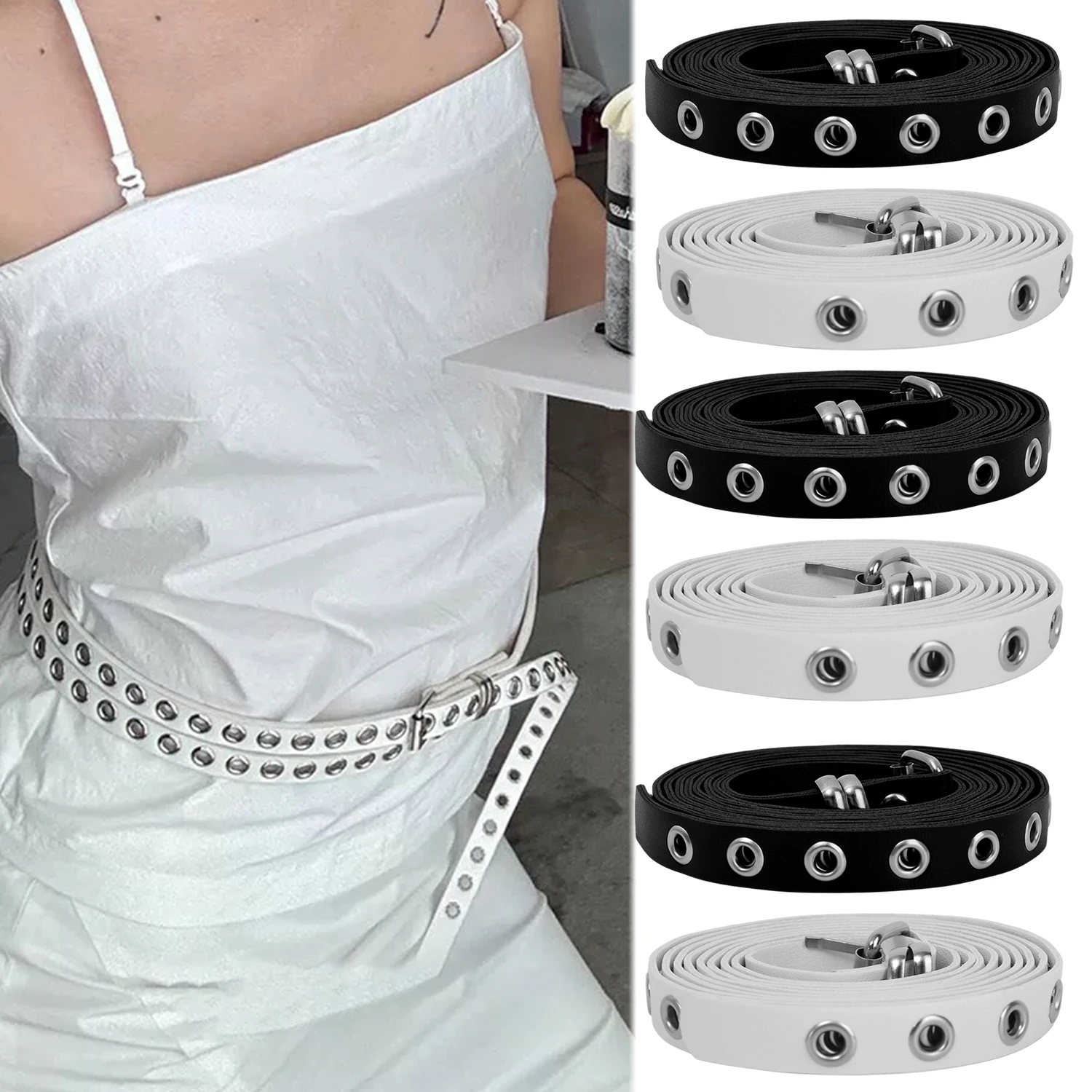 

Регулируемый тонкий ремень из искусственной кожи с заклепками в стиле панк, женский ретро-пояс с двойным слоем и отверстиями, пояс Y2K для дерзких девушек, ремень с пряжкой