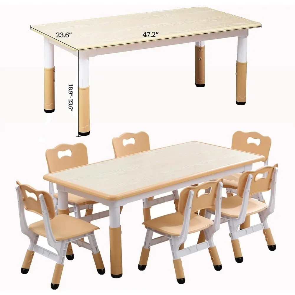 Kids Table and Chairs Set, Height Adjustable Desk With 6 Seats for Ages 2-10,Arts & Crafts Table,Graffiti Desktop, Non-Slip Legs