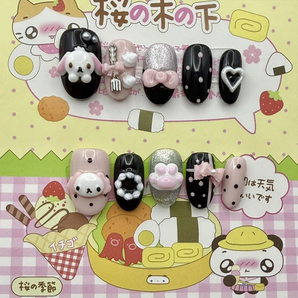 Cartoon Niedlicher Rosa Hase Dessert Liebesbär Ellipsen-Nagelkunst 3D Stern Schmetterling Knoten Flügel Punkt-Muster Künstliche Nägel Geburtstagsgeschenk – Detail 14