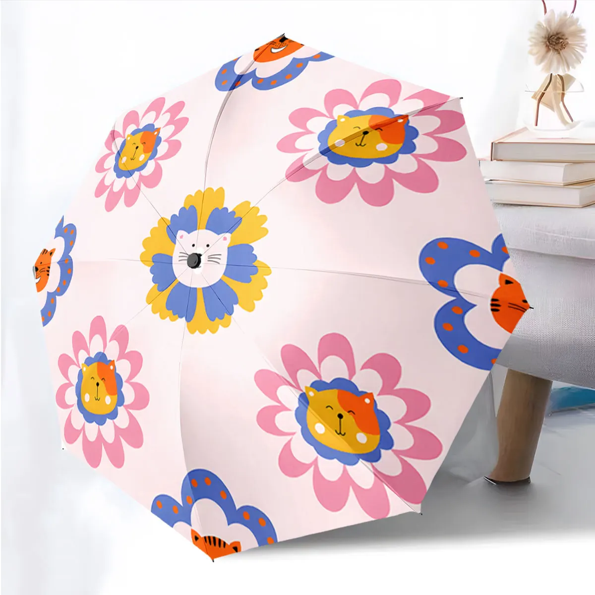 1PC Whimsical Lion and Cat Umbrella Design Print 8 Iron Ribs Folding Umbrella Auto-Open Fashion Sunshade
