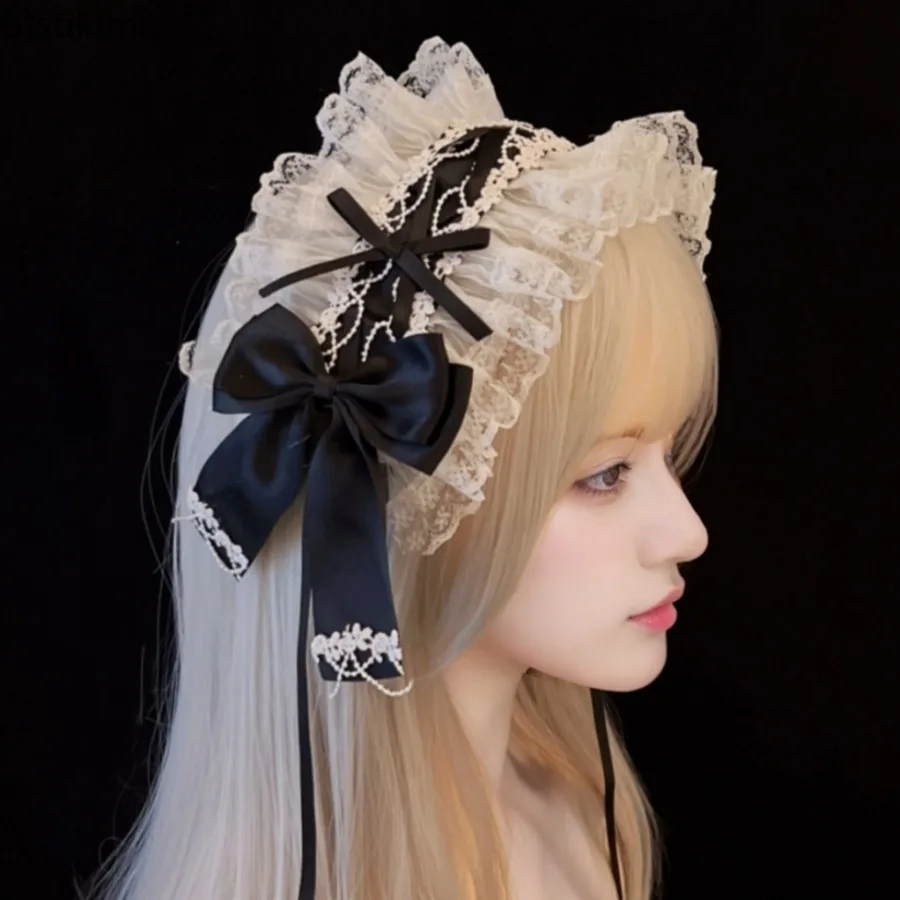 Lolita Lace Frilled Headband Elegant Cute Bow Ribbon Hair Band Kawaii Cosplay Sweet Gothic Maid Hair Accessories for Women Girls