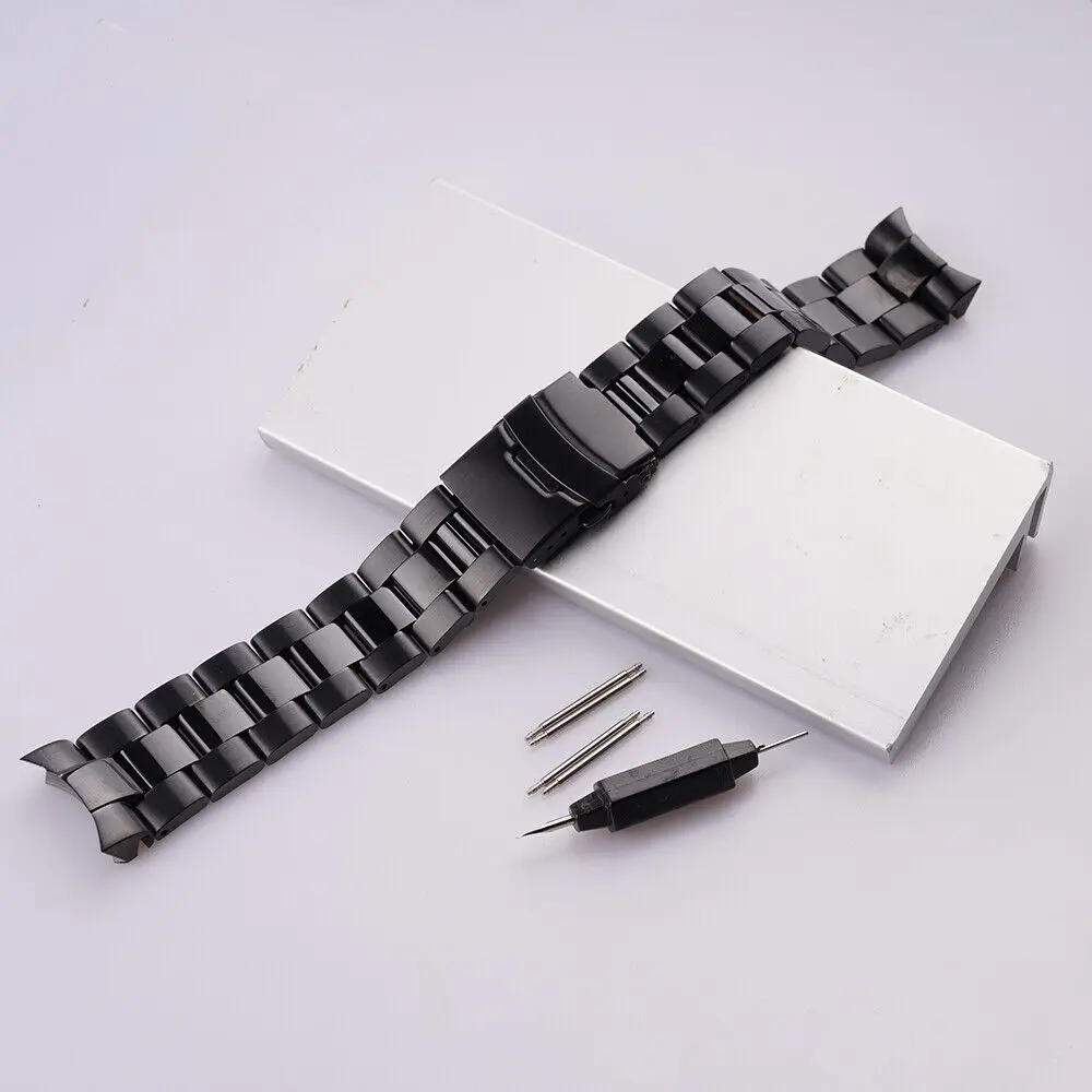 22mm Solid Curved End Links All Black 316L Steel Watch Band Bracelet For SKX 007