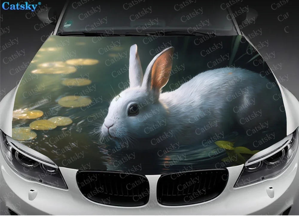 Cute White Rabbit Fluffy Bunny Car Hood Vinyl Stickers Wrap Vinyl Film Engine Cover Decals Sticker on Car Auto Accessories