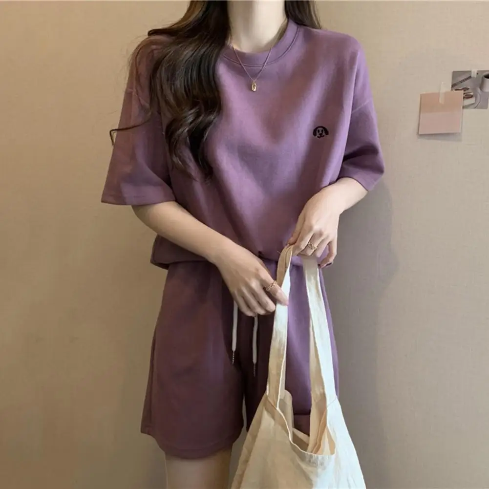 

Комплект шорт с эластичной резинкой на талии 2025 года, женский спортивный костюм, летний женский спортивный костюм, футболка с круглым вырезом и короткими рукавами, эластичный шнурок для La