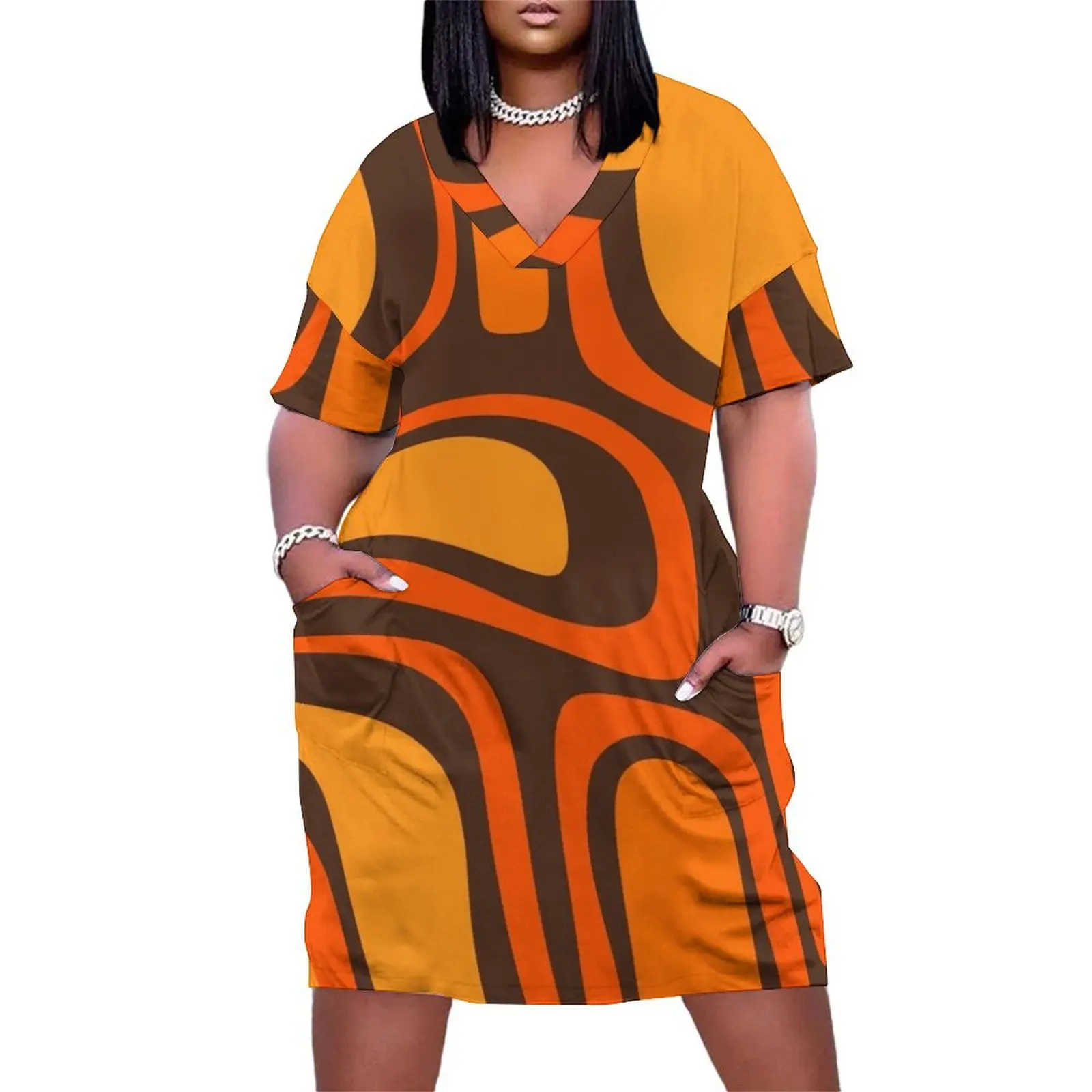 

Palm Springs Retro Mid-Century Modern Abstract Pattern in 70s Brown and Orange Loose Pocket Dress Women"s long dress