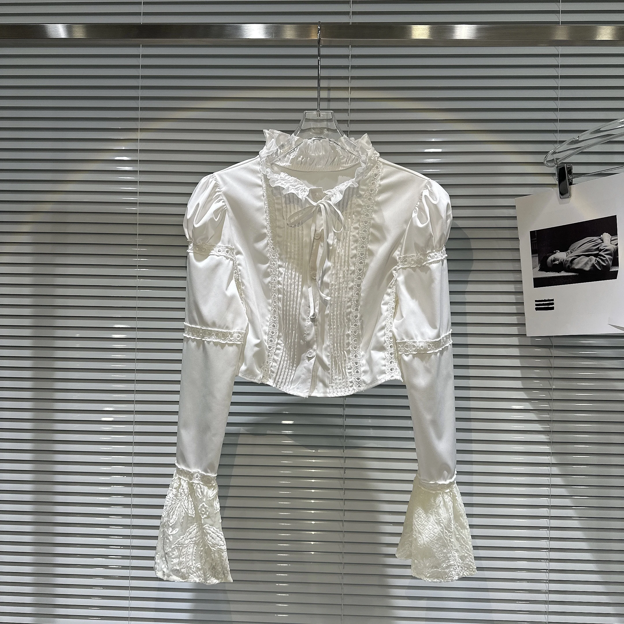 

Trendy Knot Tied Lace Splice Sve irt Women's Luxury Sle Collar Long Sve Straight Cut Regular Length