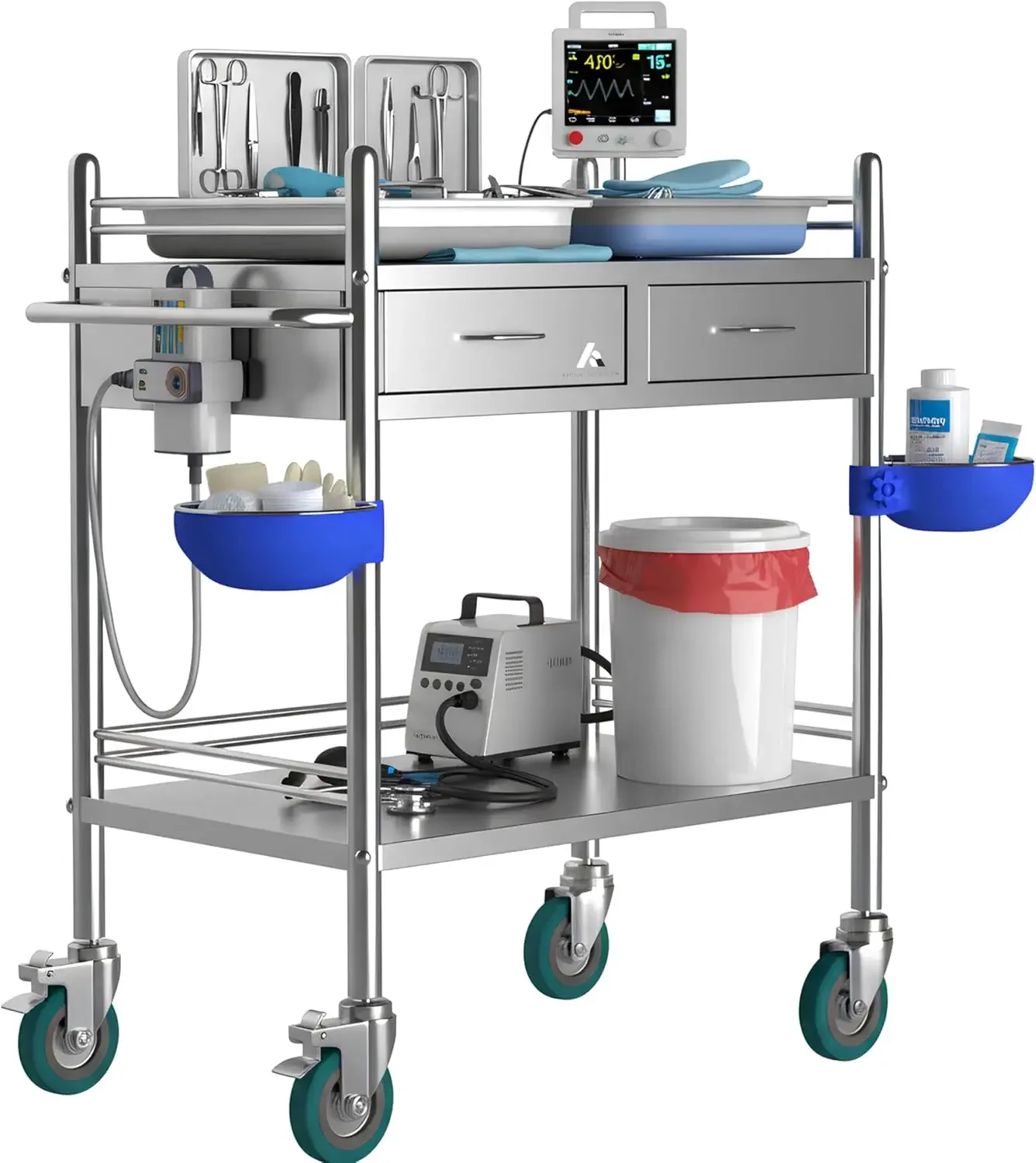*Improved & Upgraded* Medical Stainless Steel 2 Tier Rolling Cart with Wheels and Drawers | Dental Hospital Nursing Trolley | Ea