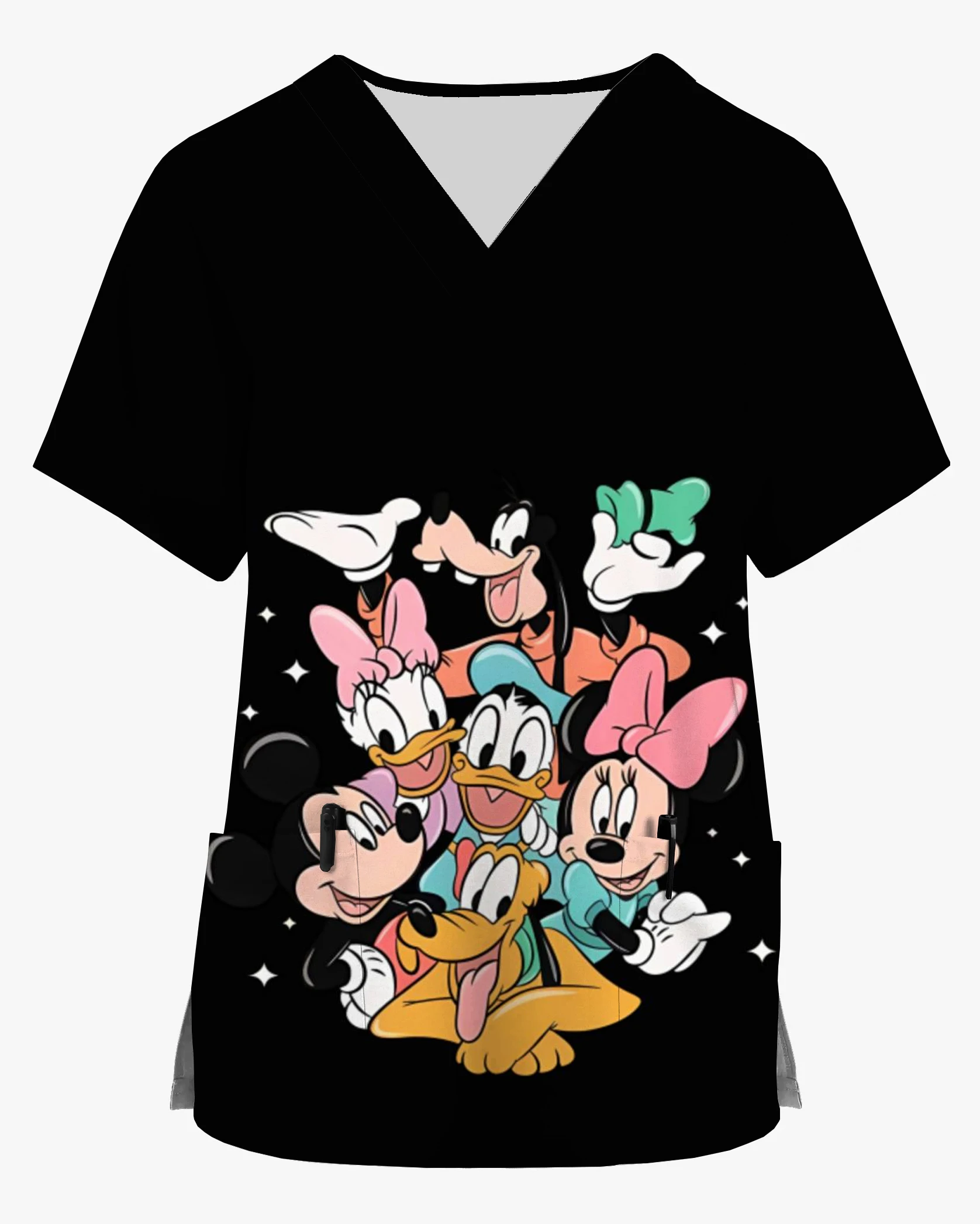 Disney-camisa de bolsillo con estampado de Mickey y Minnie para hombre y mujer, Top de manga corta con cuello en V, uniforme de trabajo para enfermería en casa