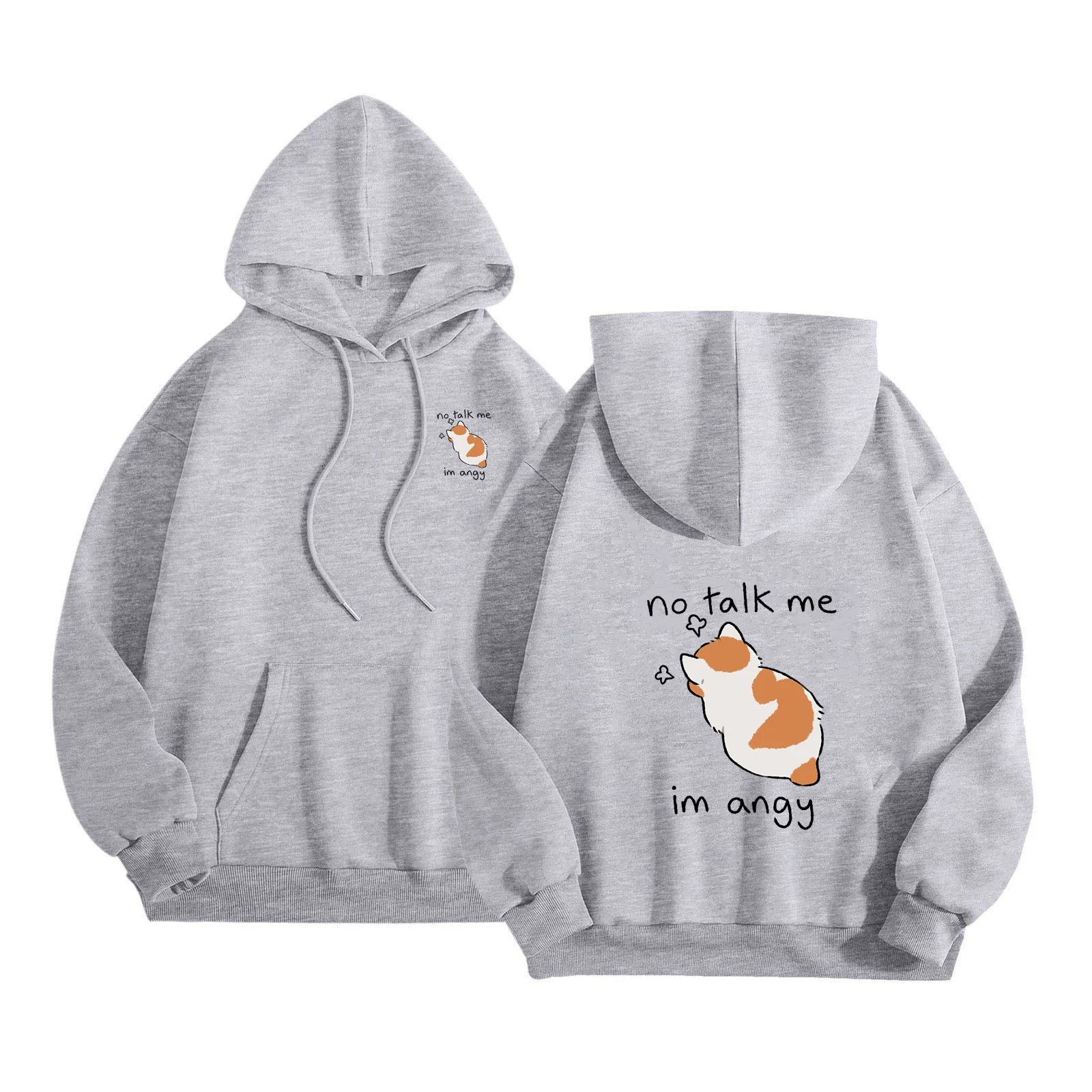 Cute cartoon angry cat print women's hoodie hip-hop soft hoodie casual wool pullover oversized wool women's streetwear