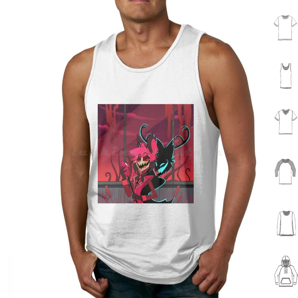 Alastor And His Shadow Tank Tops Print Cotton Alastor Radio Demon Helluva Vivziepop Deer Demon Shadow Red Alastor