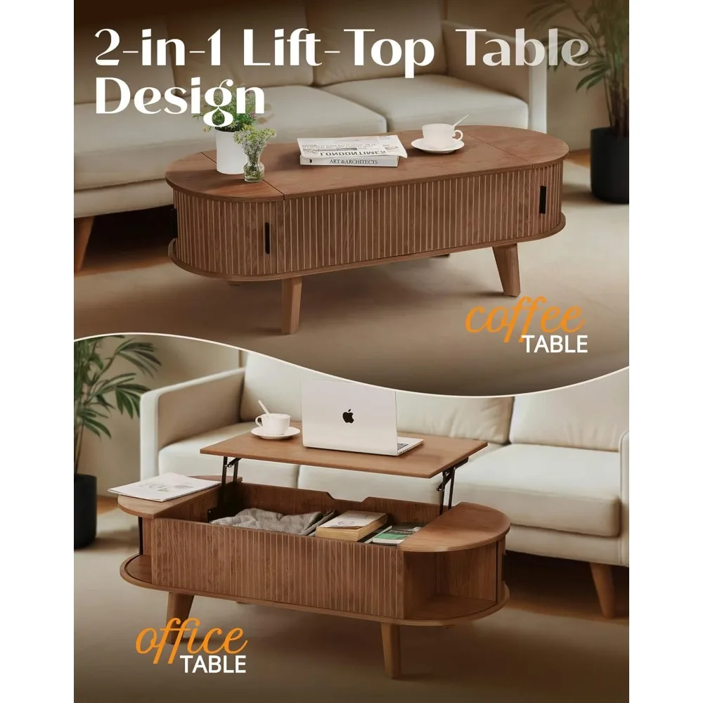 Mesa de Café Oval com Tampa Elevatória e Armazenamento, Mesa Central Moderna de Meio Século de 47,2 polegadas para Sala de Estar com 180 °   Deslizante, Personalizado