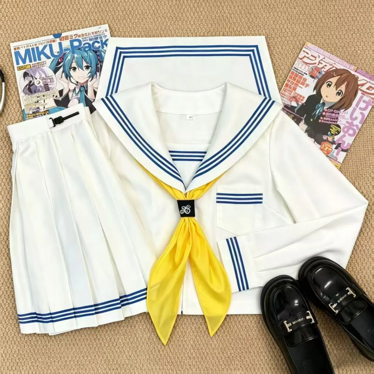 Navy Collar 3 Stripes JK Uniform Set White Collar Basic Mid Length Sailor Outfit Preppy School Style Girls Pleated Skirt Suit