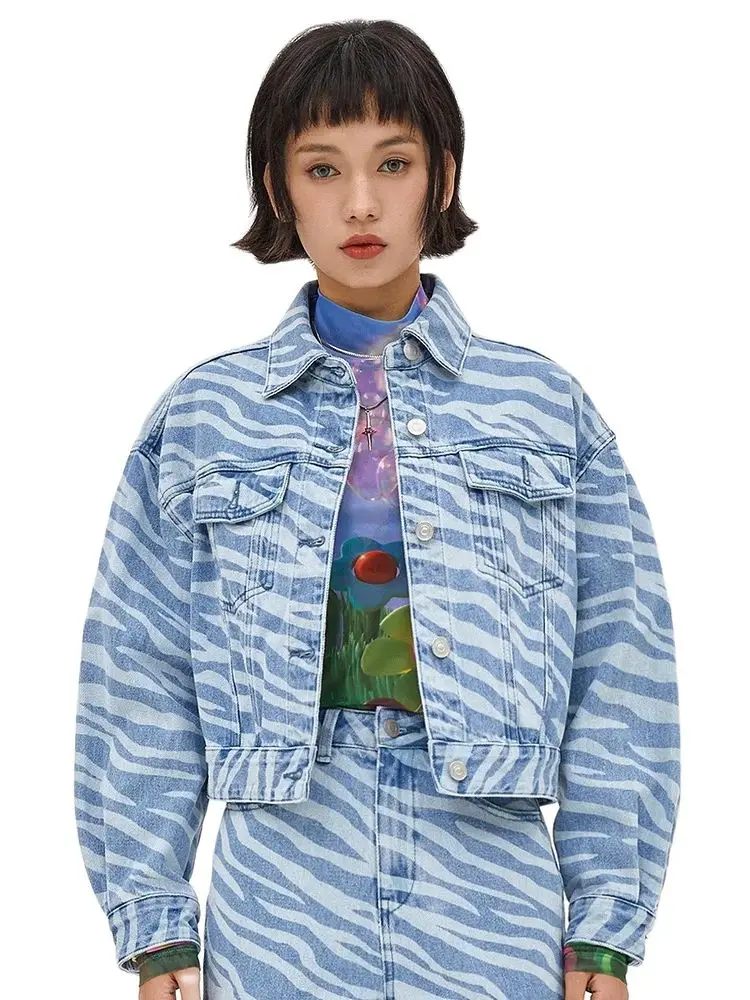 Metersbonwe Short Denim Jacket Women Spring Tiger Print Print Jacket New Fashion Casual Jackets High-Quality Brand Top Design