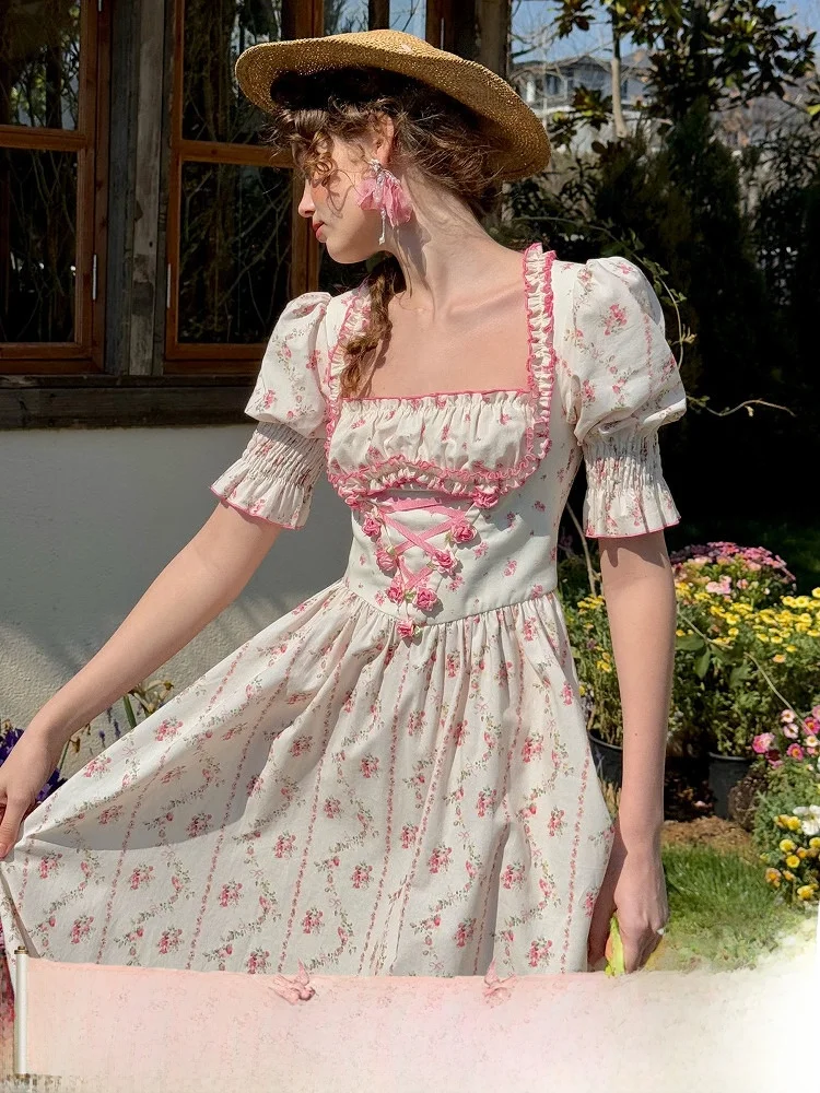 

Victorian Rose Countryside Sweet Floral Fibone Skirt Dr Women's Spring Light Cotton Bubble Sve A-Line Dr
