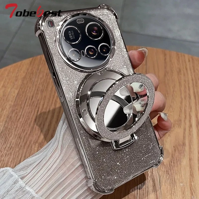 

Shockproof Plating Silicone Case For Xiaomi 15 Ultra Pro Glitter Mirror Magnetic Holder Stand Soft Cover
