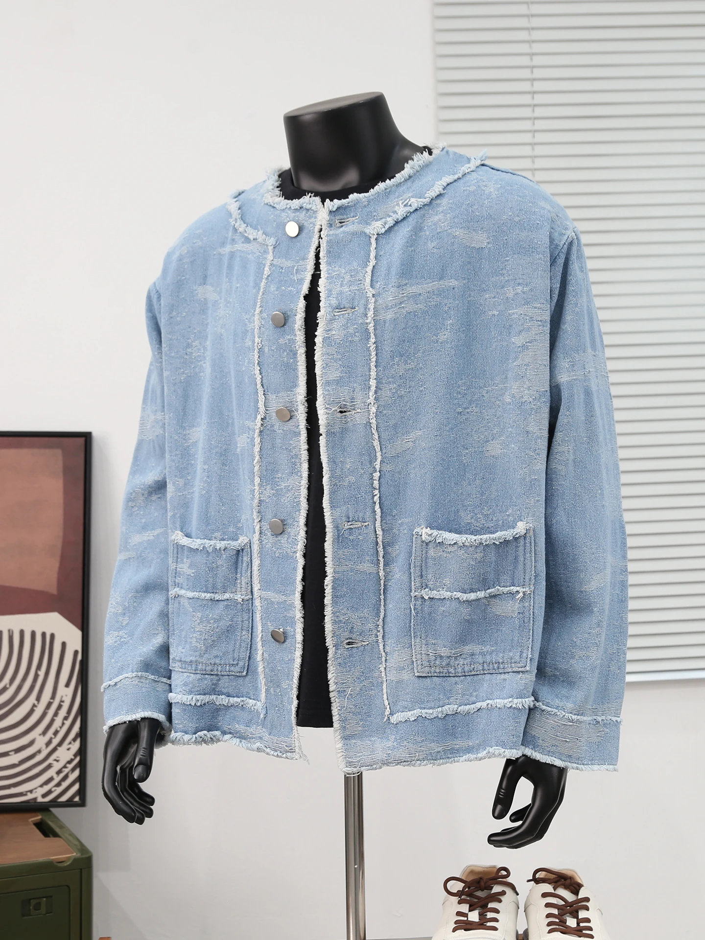 남성용 레트로 자카드 데님 재킷 봄 가을 일본식 라운드 넥 프레이드 재킷 캐주얼 패션 하라주쿠 스타일 블루 코트