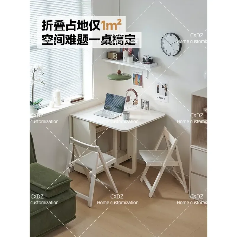 Cream White Folding Dining Table Small Apartment Movable Sintered Stone Solid Wood Multi Functional Space Saving Eating Desk