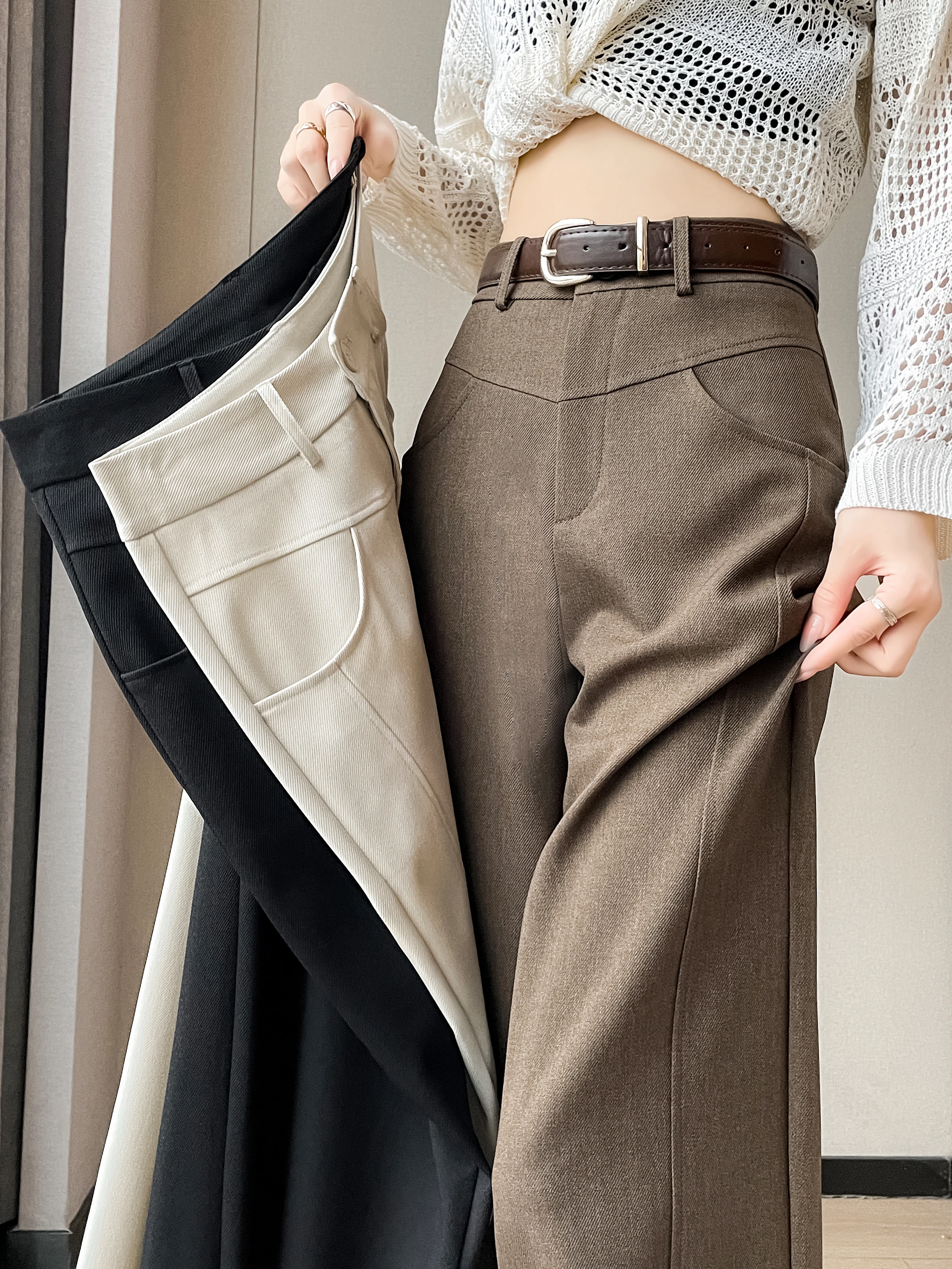 Pantalon taille haute drapé à jambes droites pour femmes, coupe cintrée, nouvelle collection automne printemps 2025, petite taille, motif Che, jambes larges