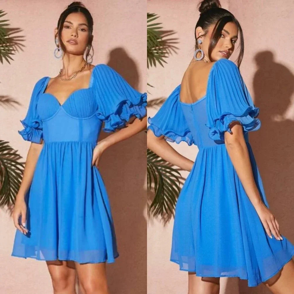 

Customized Simple Prom Available Square A-line Formal Ocassion Gown Mini Draped Chiffon Cocktail Dress birthday dress for women