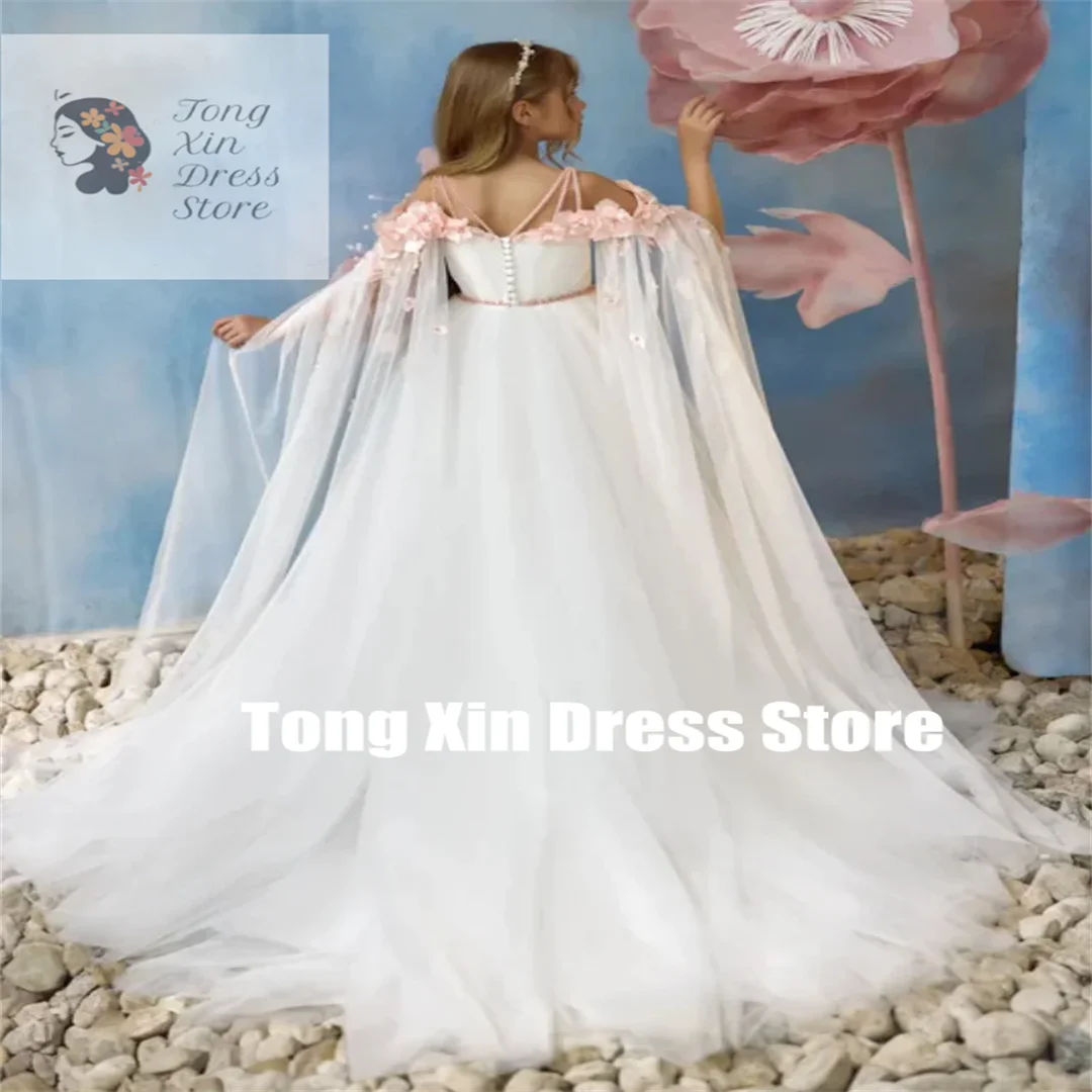 Customized Flower Girl Dresses White Tulle Pink Flowers Pearls With Trailing Sleeveless For Wedding Birthday Party Banquet Princ