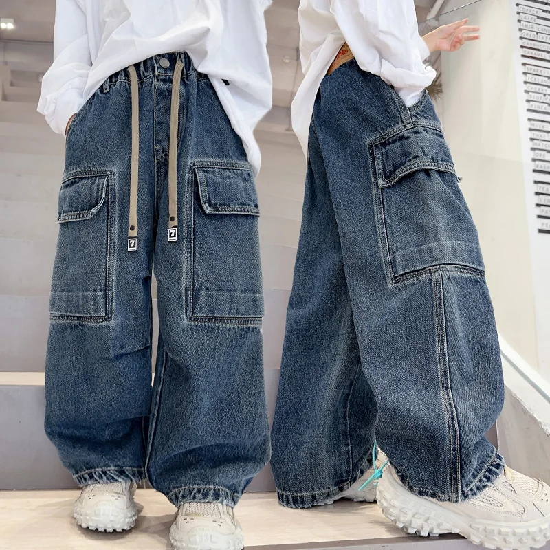 

Autumn Children Loose Straight Cargo Jeans with Pocket for Big Boys Casual Drawstring Denim Pants School Kids Classic Trousers