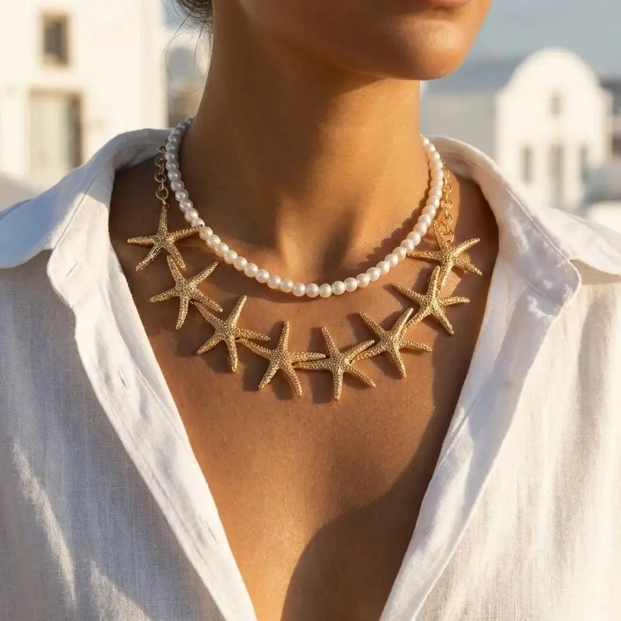 

Bohemian Starfish Shell Conch Pendant Necklace for Women Imitation Pearl Turtle Beads Charm Choker Beach Party Vacation Jewelry