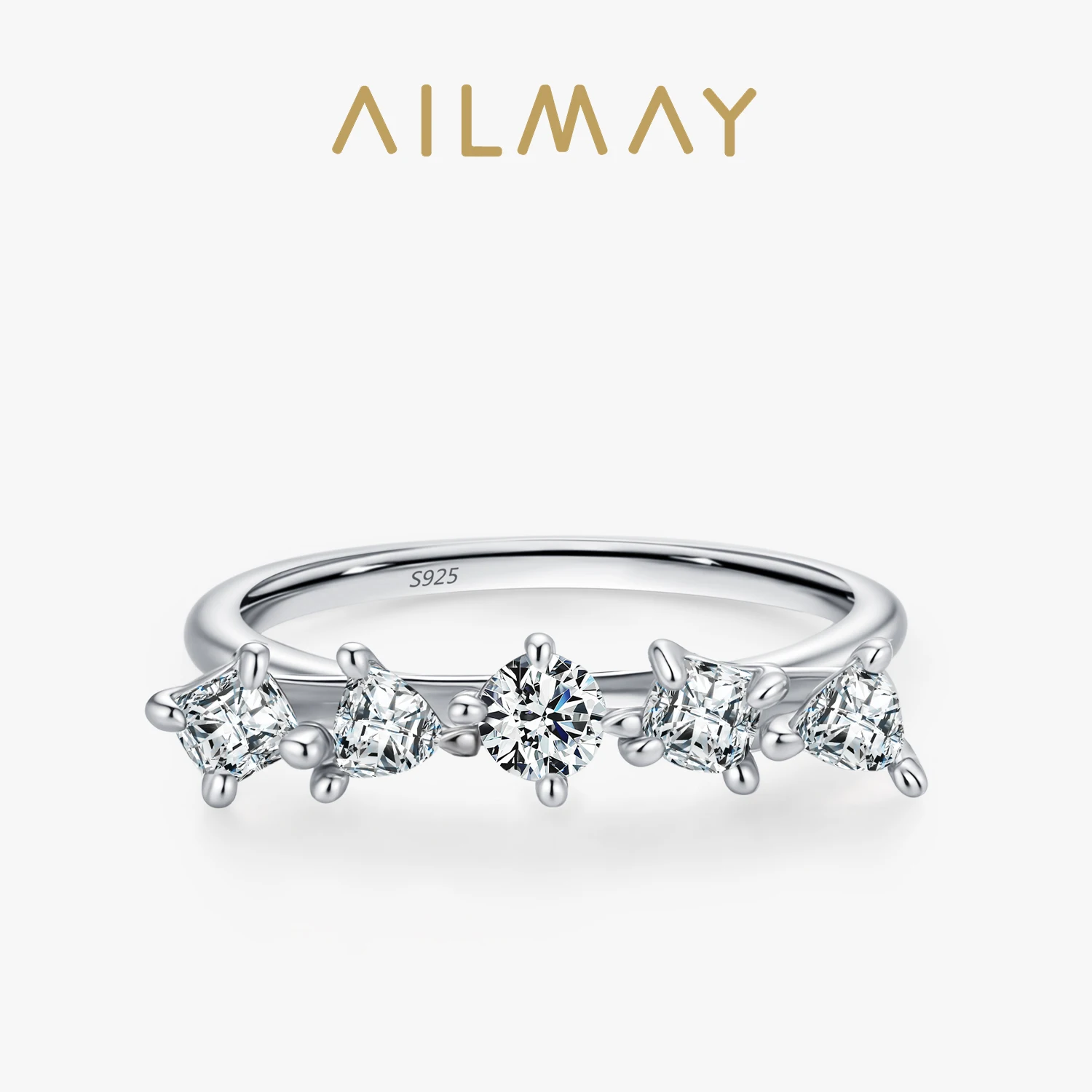 Ailmay Trendy 925 Sterling Silver Geometric Combination Design Ring Charming Sparkling Zirconia  For Women Fine Jewelry