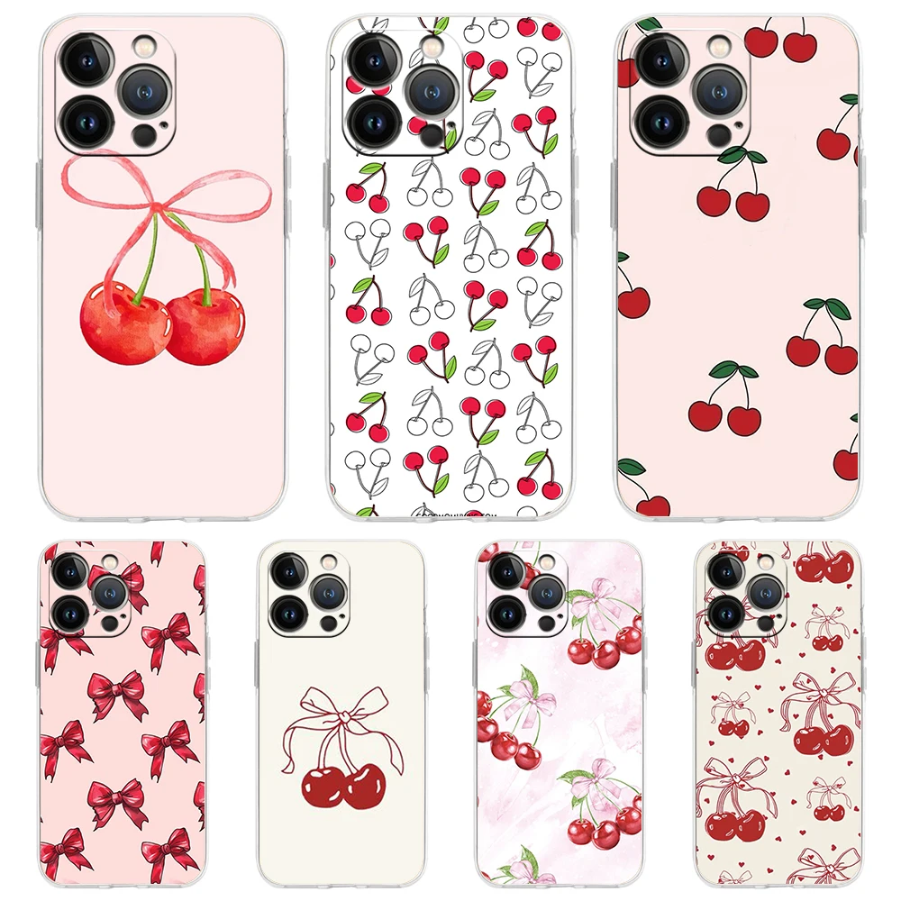

Cute Cherry Bow Luxury Phone Case For iPhone 16 15 14 13 12 11 Pro Max XS X XR SE 7 8 Plus soft Silicone Clear Cover