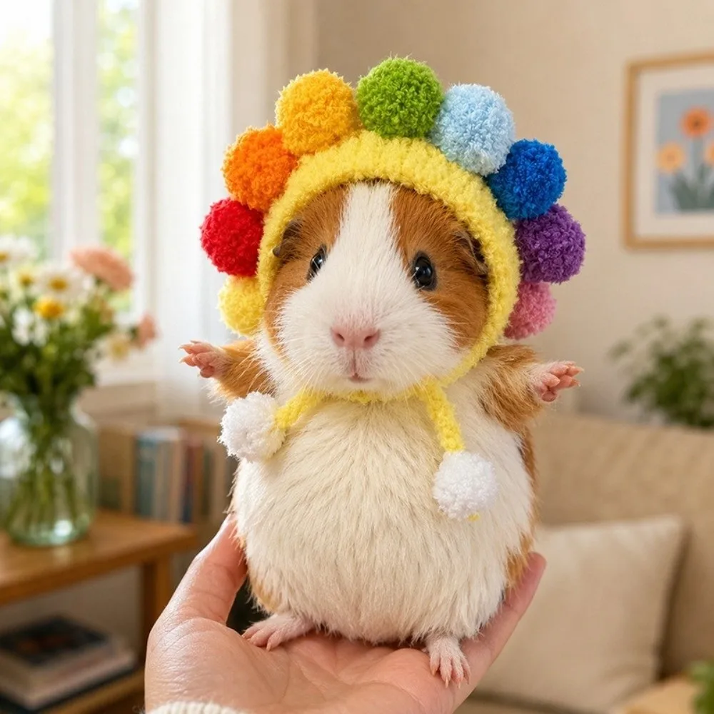 Adjustable Ties Small Pet Plush Crochet Hat Bear-Shaped Soft Skin-Friendly Hamster Knitted Hat Shape-Retaining Hand Crocheted