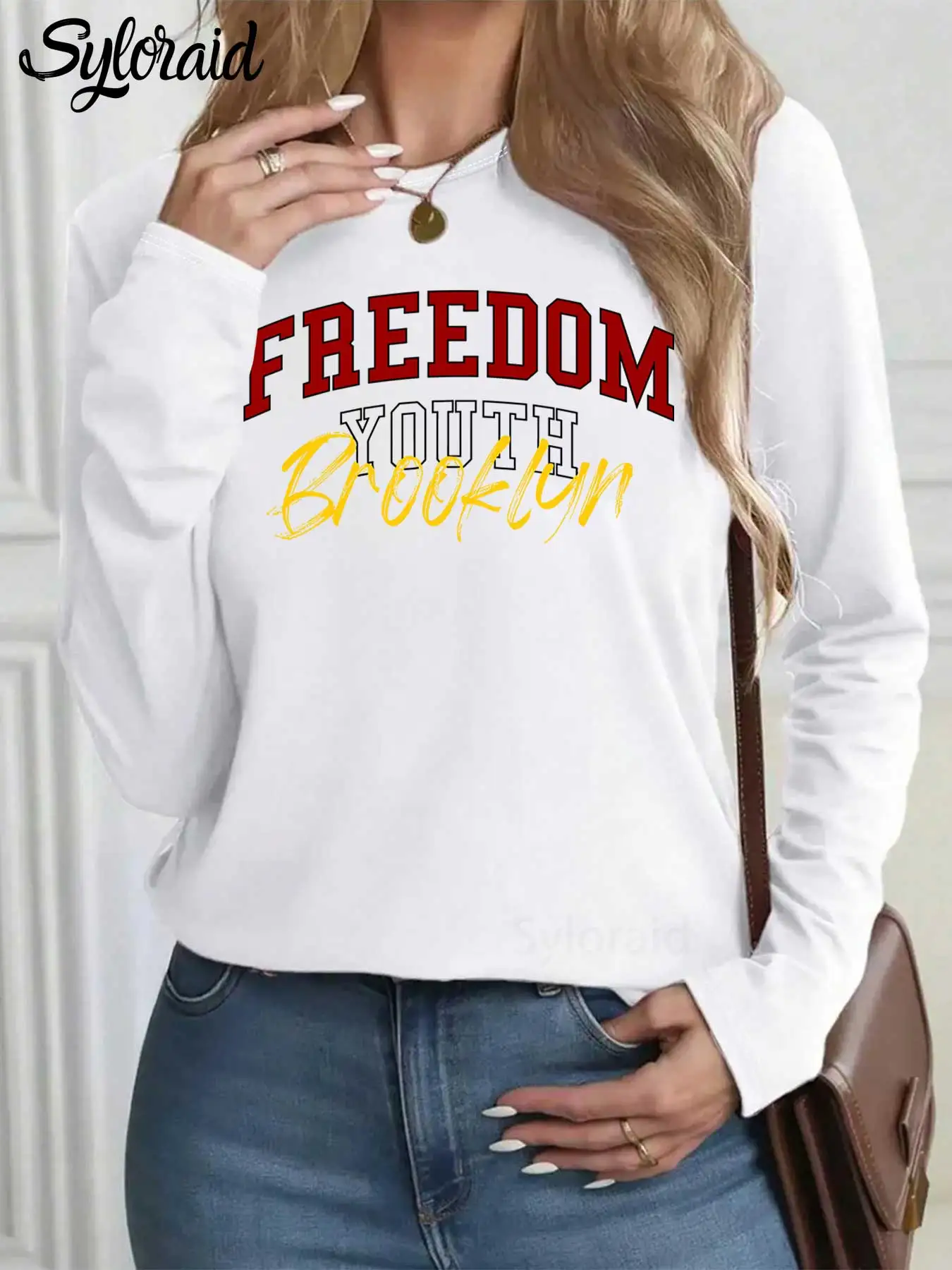 

Women's Long Sleeve T Shirt "Freedom Youth Bro-oklyn" Print T Shirt Fashion Round Neck Casual Top