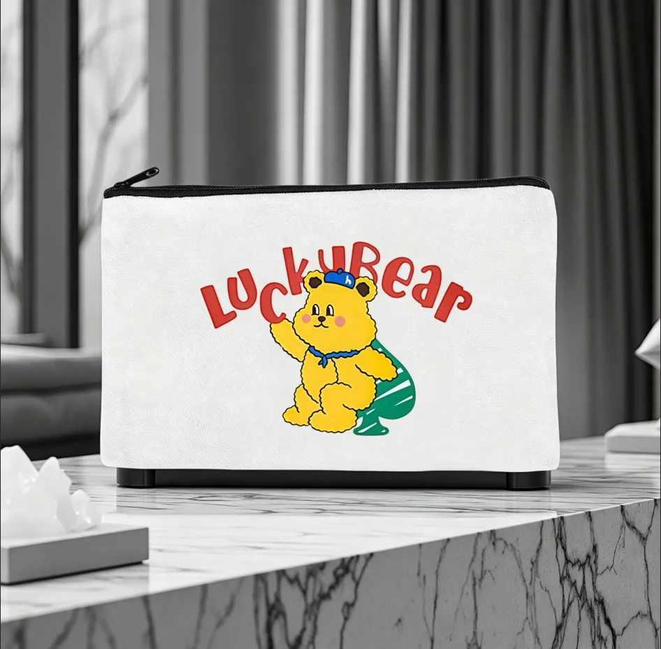 1PC Double-Sided Printed Lucky Bear Canvas Makeup Storage Zipper Bag