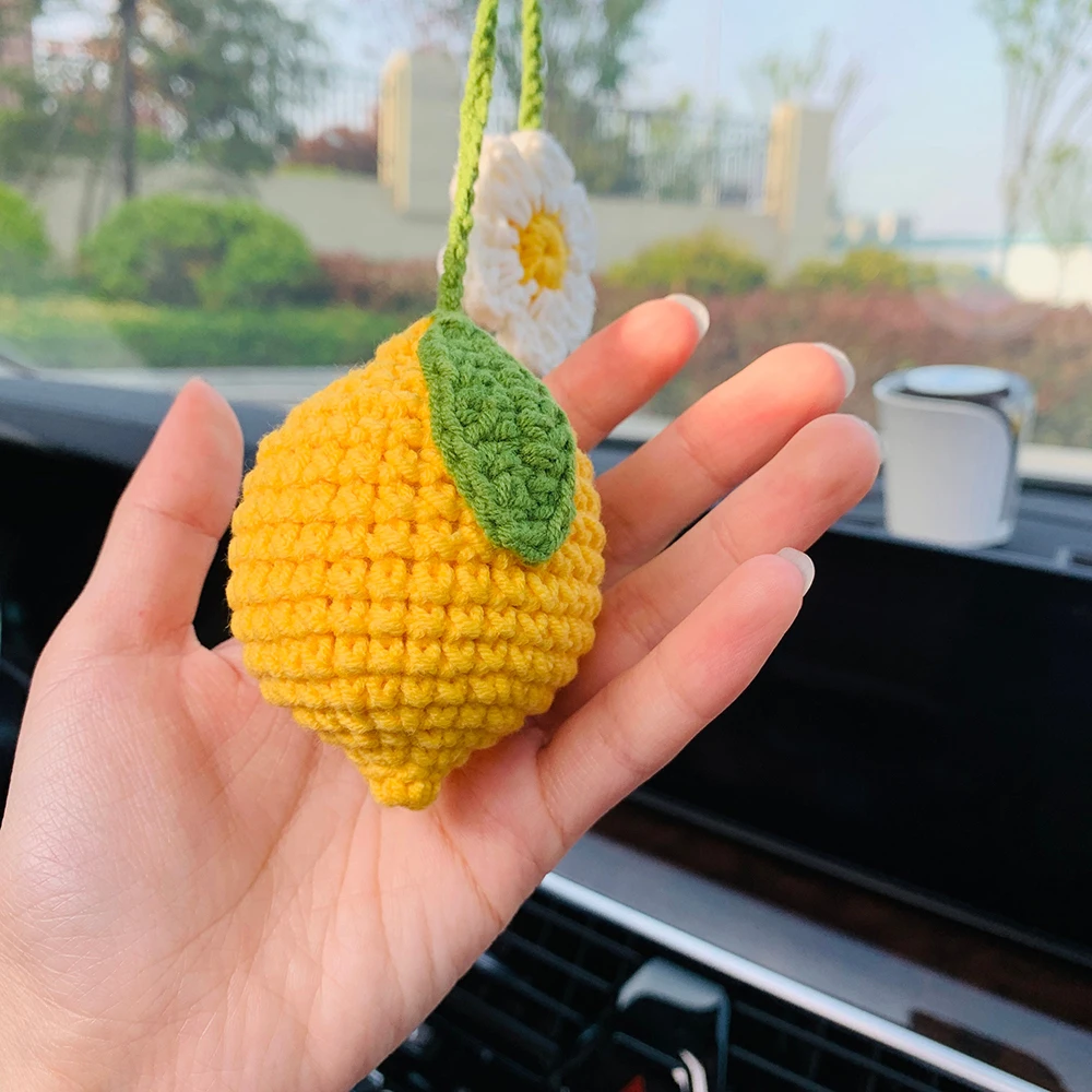 Cute Car Mirror Hanging lemon flower Interior Rear View Mirror Flower Car Ornamentos Crochet Toy for Women