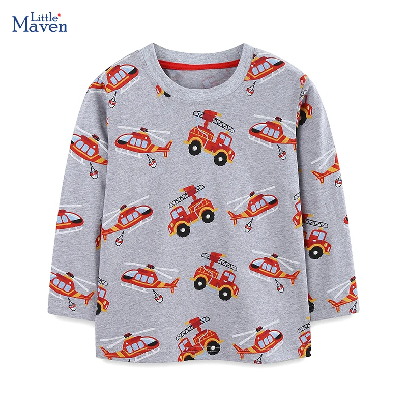 Little Maven Kids Clothes Children's Clothing 2026 Autumn Cartoon Excavator Long Sleeves T-shirt Cotton Tops Baby Boys