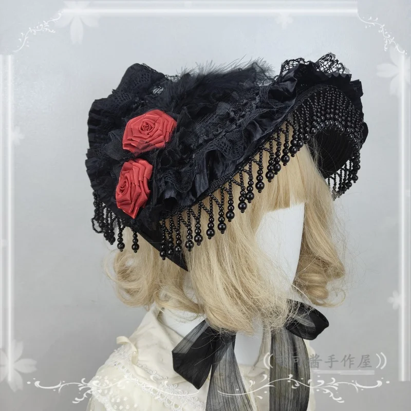 

Black flat hat BNT Hanyo eclectic hat Lolita widow hat dark vintage feather top