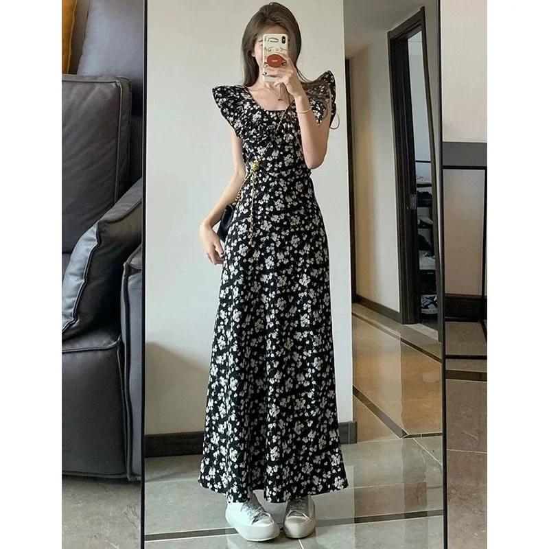 2024 neue Sommer Dame Schwarz Floral Chiffon Rüschen Kleid Frauen Elegante Strand Urlaub Kleid Mädchen Chic Koreanische Mode Kleid