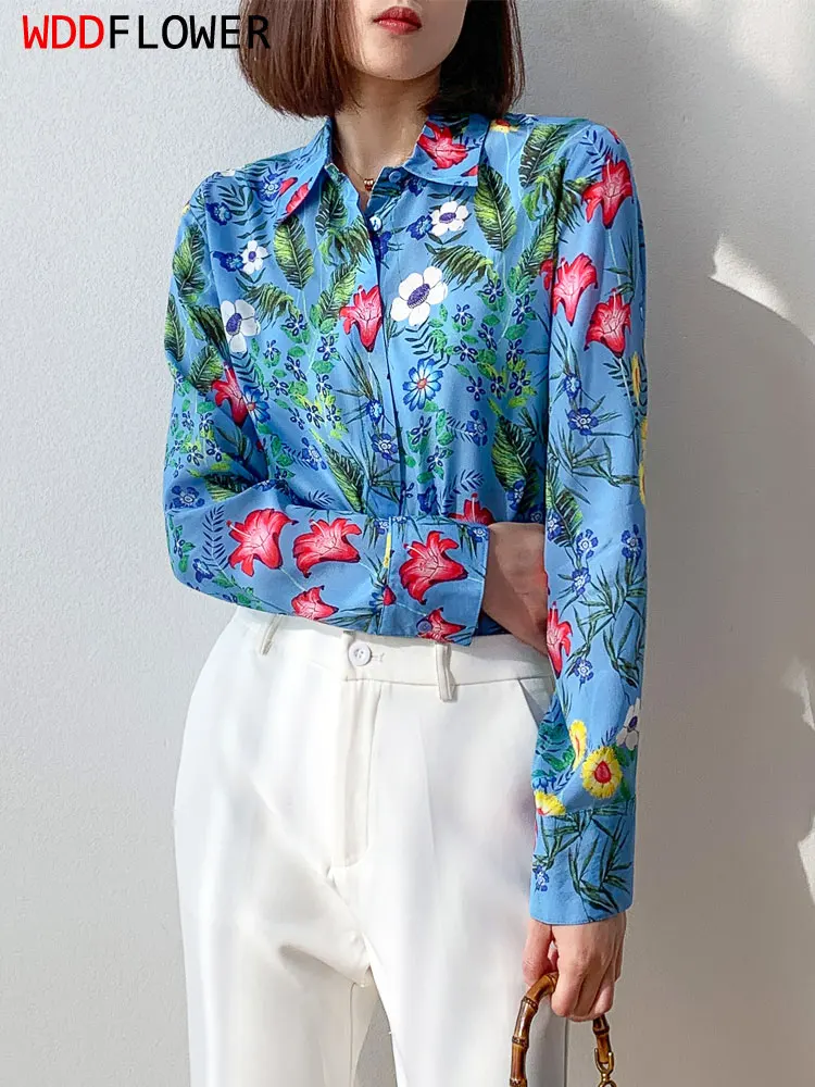 Women Silk Shirt 100% Mulberry Silk Crepe Silk Blue Floral Printed Buttons Down Long Sleeve Fashion Top Blouse M L XL XXL MM716