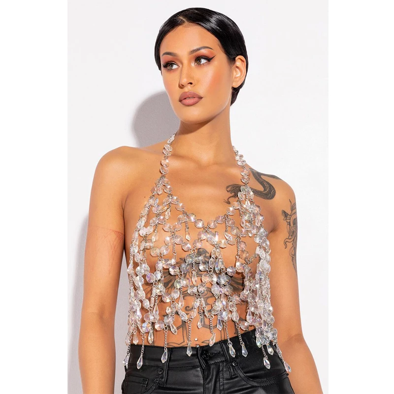 Sexy Tassel Rhinestone Chic Women\'s Lingerie Body Chain Top Water Drop Fishnet Crystal Shiny Chest Bra Bikini Sling Vest Jewelry