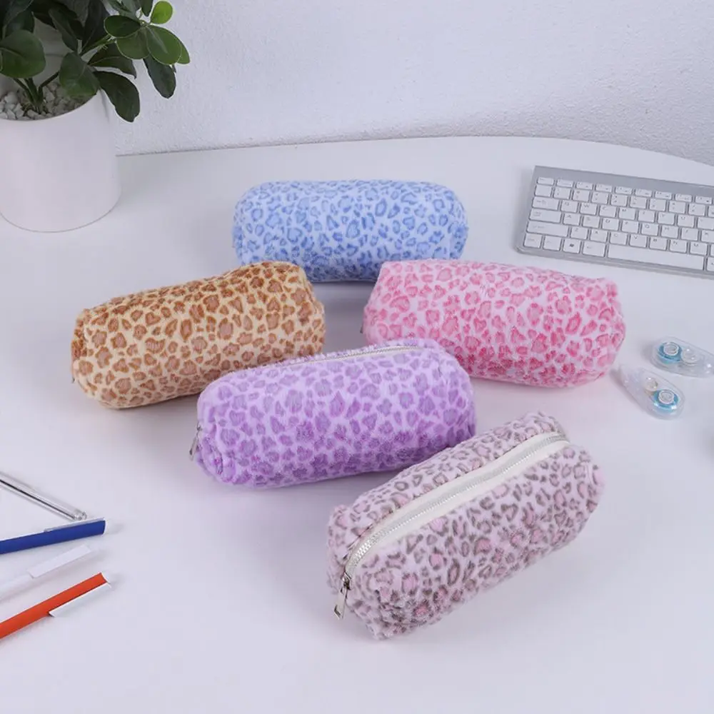 New Plush Pen Bag Leopard Printted Pattern Large Capacity Pencil Case Stationery Storage Bag Student Gift