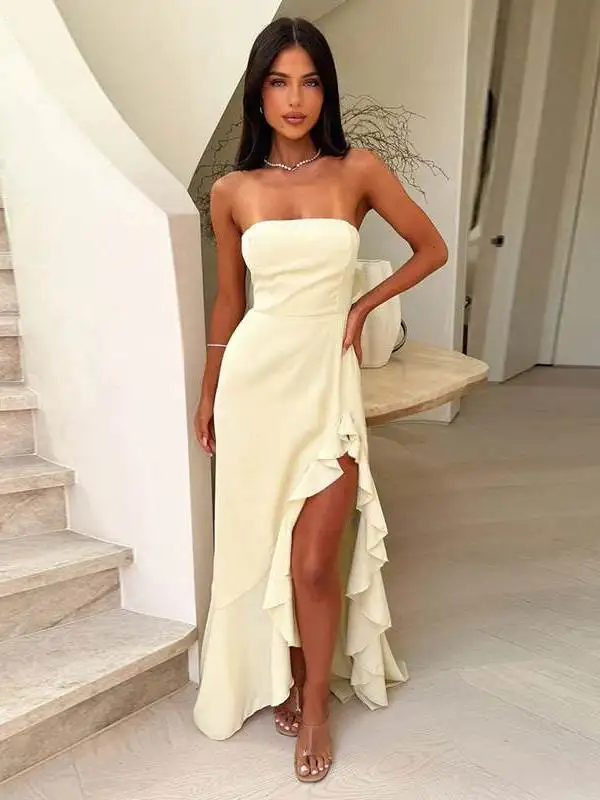 

Strapl Long Dr with Slit And Lace Trim mid Waist No Sve Color Maxi Dr for plus Size Women Winter Faion