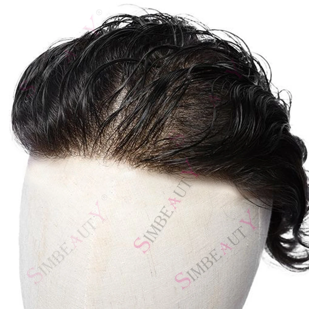 Natural 0.02mm Male Hair Prosthesis Skin Toupee Men Wig 80%Density Human Hair Undetectable Replacement Men's Capillary Prothesis