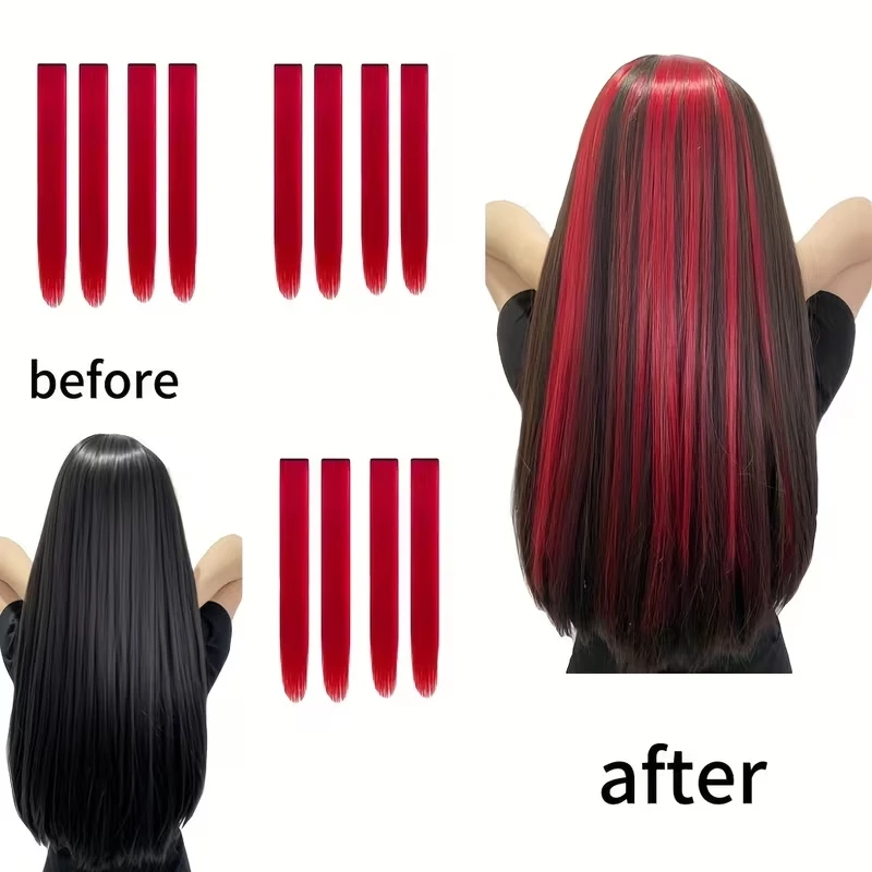 22 Zoll Synthetische 6-teilige Lange Glatte Haarverlängerung, Farbige Regenbogen-Hochtemperaturfaser-Haarteil für Frauen, Täglicher und Party-Gebrauch – Detail 3