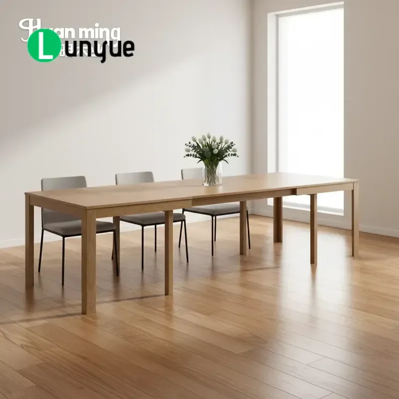 Rectangular Oak Veneer Dining Table Extendable Large Size Modern Wooden Long Table for Living Room Furniture Support