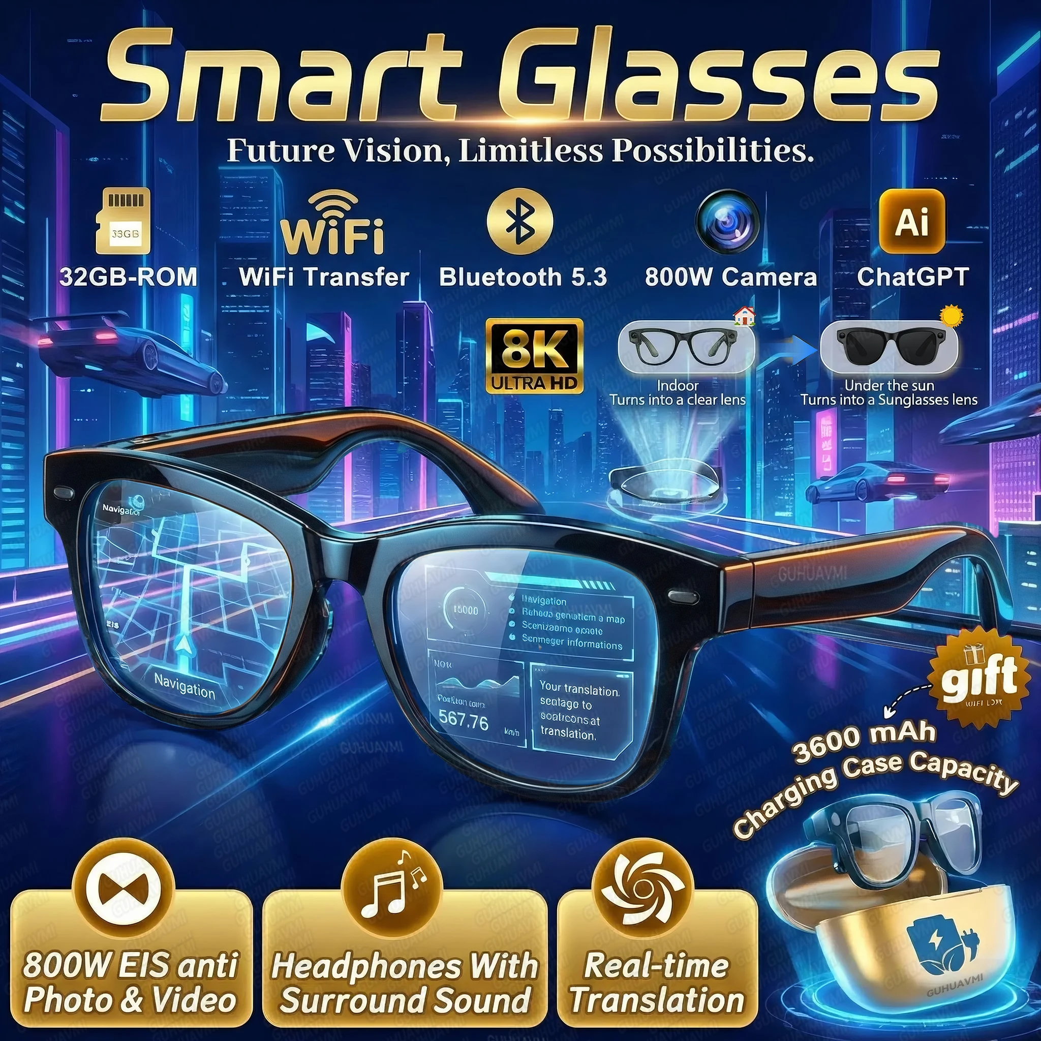 New 800W 4K HD Camera AI Smart Glasses 32G Recording Video 3600mAh Battery 120+Languages Translation Music Player Sunglasses Men